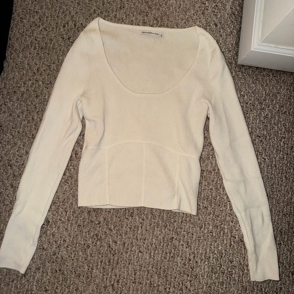 Abercrombie & Fitch Cream Ribbed Scoop Neck Long Sleeve Top